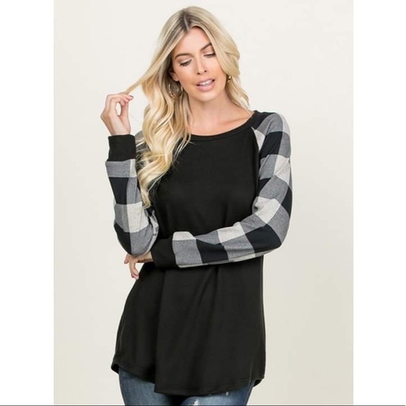 Happy Organics Boutique Tops - Black and white Soft Buffalo Check Long Sleeve Top